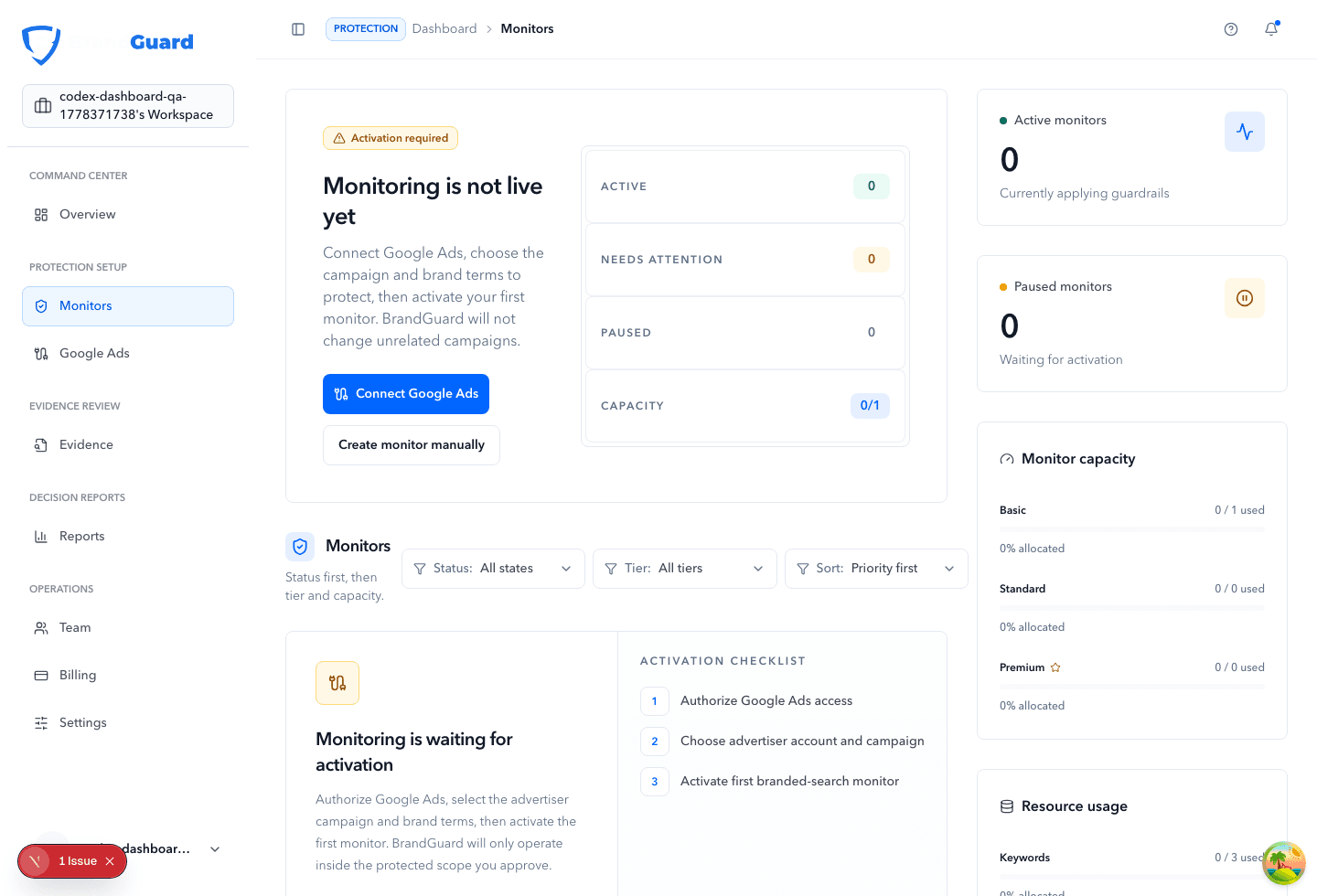 BrandGuard monitoring dashboard screenshot showing Google Ads setup, activation checklist, monitor capacity, and workspace navigation.